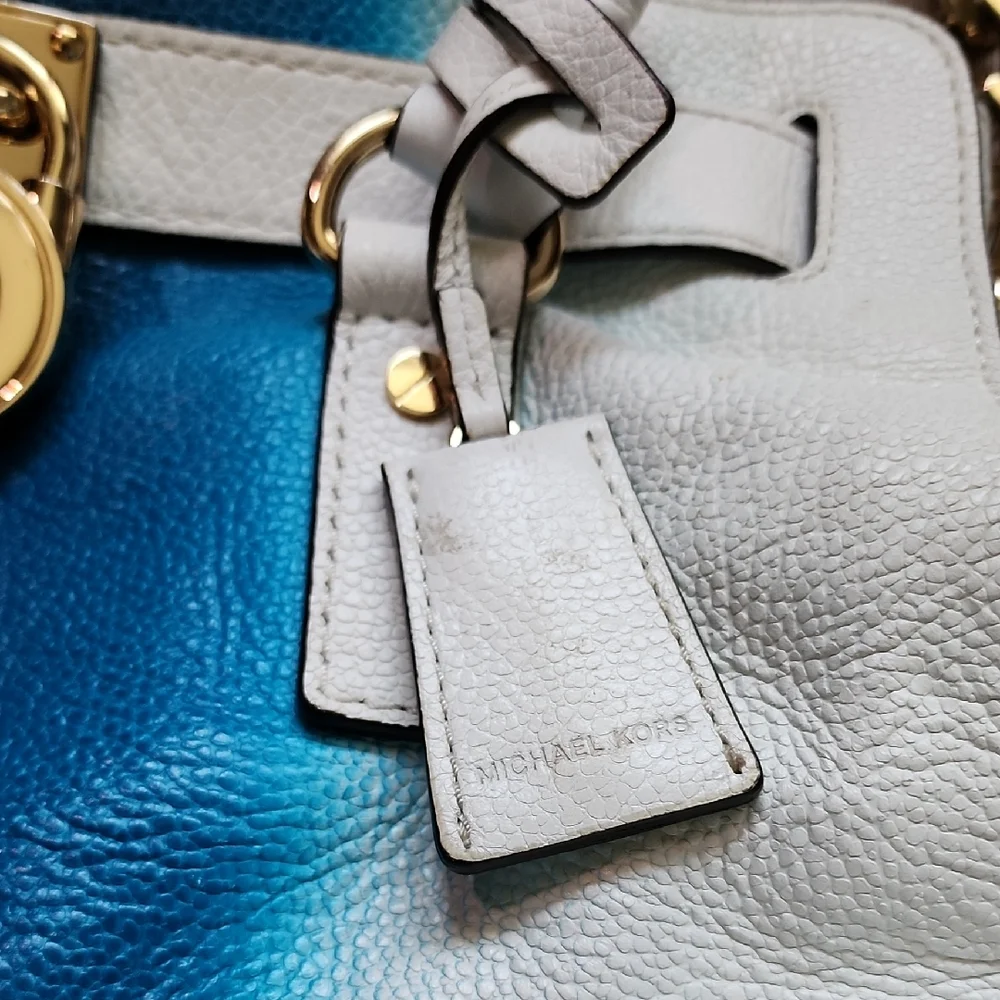 MICHAEL KORS HAMILTON SPRAY WHITE/ SUMMER BLUE EW SATCHEL  LEATHER HANDBAG PURSE